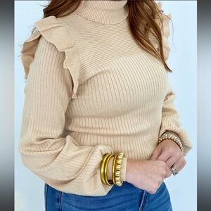 Ruffled Beige Ribbed Turtleneck Blouse